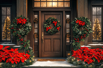 Naklejka premium Elegant front door decorated with festive wreaths and vibrant poinsettias, creating a welcoming atmosphere for the holiday season
