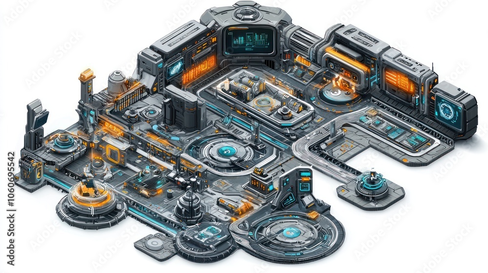 Poster Futuristic Cityscape with Interconnected Towers and Infrastructure