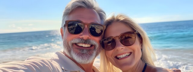 Obraz premium A middle-aged couple smiles and poses for the camera, wearing sunglasses in an outdoor beach setting
