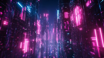 Fototapeta premium Digital Cityscape with Neon Lights