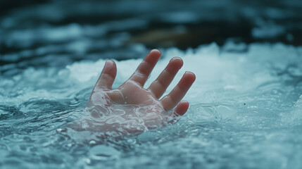 Child's desperate hand reaching for help after falling through ice on a cold winter day