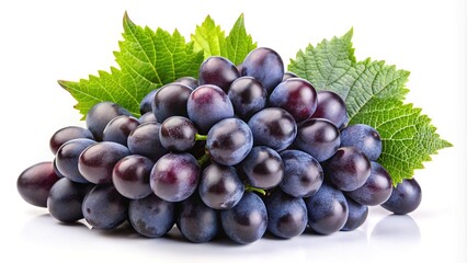 Fototapeta premium Isolated on a white background, fresh black grapes with leaves offer a juicy, healthy option for refreshmentâ€”ideal for snacking and enhancing your well-being.