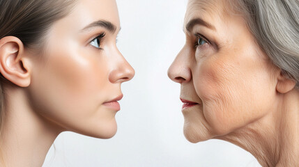 Two faces of young and old women on white background, comparison of aging manifestation