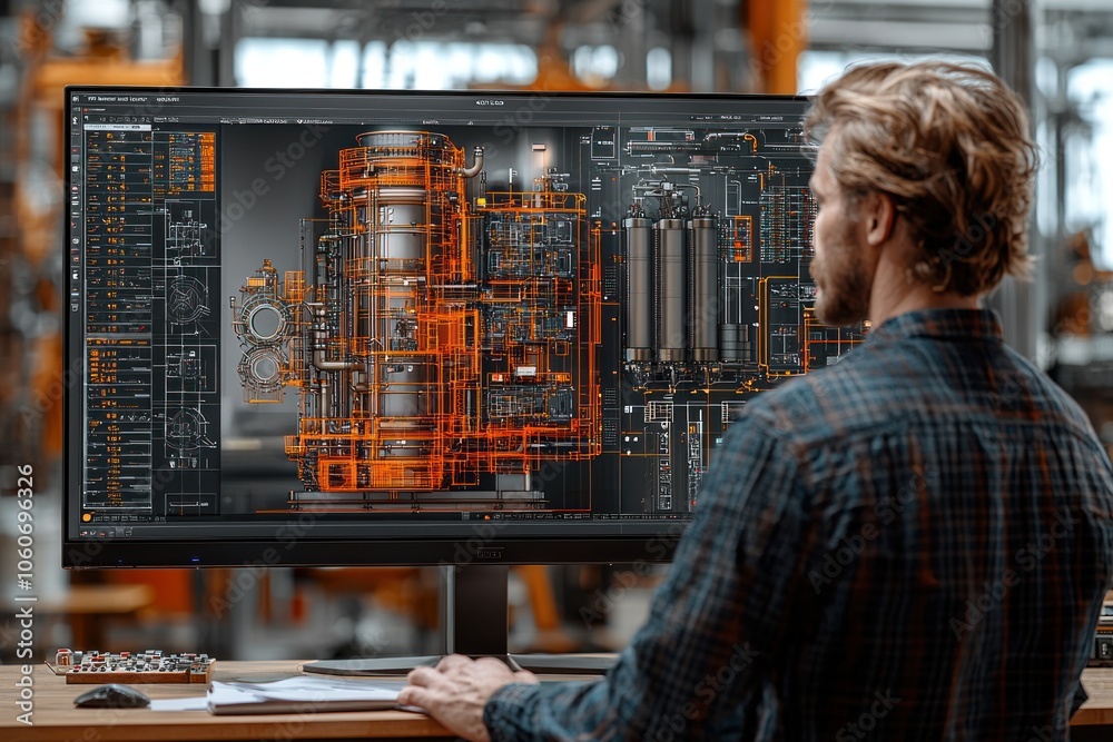 Poster A Man Studying A Complex Industrial Design On A Computer Monitor