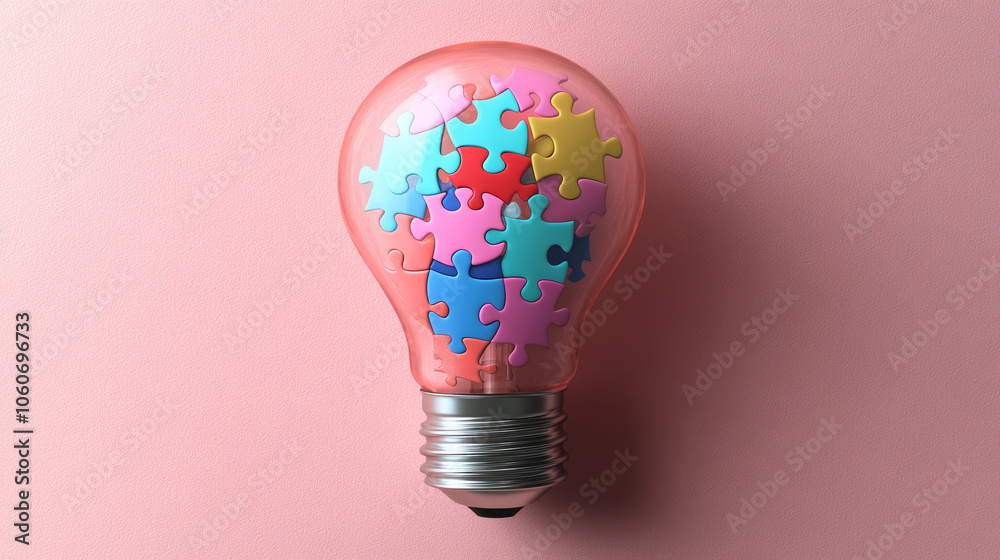 Sticker minimalist light bulb filled with colorful puzzle pieces, symbolizing creativity and problem solving