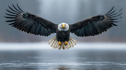 Fototapeta premium The bald eagle gracefully descends above a serene lake, its wings spread widely as it prepares to hunt during a misty morning