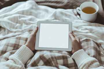 Fototapeta premium A digital tablet in the hands of a sick person lying in bed and a cup of hot tea