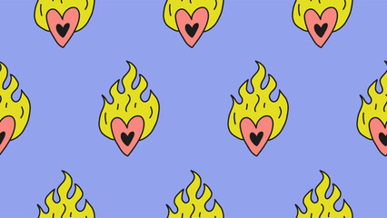 Seamless pattern with flaming heart.  Vector Hand drawn background for design and card, covers, package, wrapping paper. © bosotochka