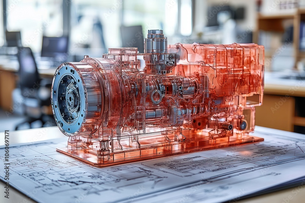 Poster transparent red engine model on technical drawings
