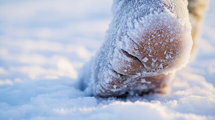 Frostbitten foot in snowy landscape showcasing severe frostbite signs on a winter day