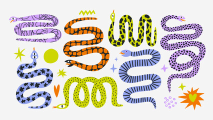 Set of colorful hand draw Snakes.  Chinese New Year 2025. Trendy style.Vector illustration. Isolated