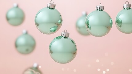 Fototapeta premium Floating green Christmas balls on soft pink backdrop