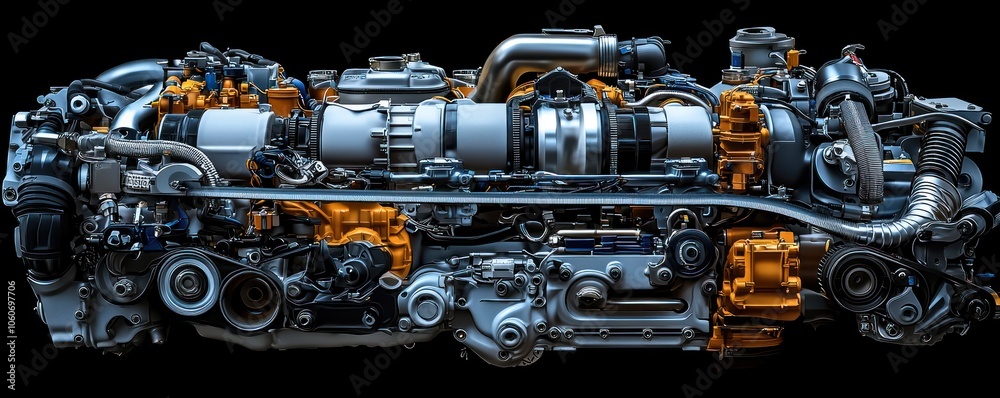 Poster detailed view of a powerful automotive engine with components exposed