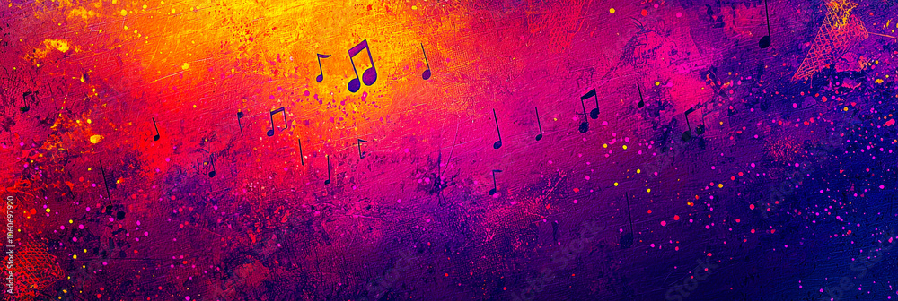 Aufkleber a vivid backdrop features swirling patterns in orange and purple, with musical notes scattered throu