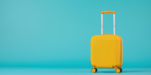 Obraz premium Bright yellow suitcase on a turquoise background, ready for adventure.