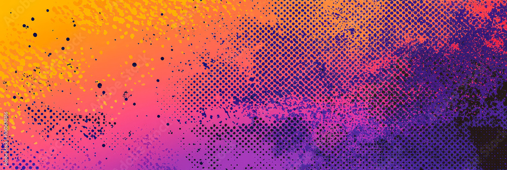 Poster striking gradient with warm orange and cool purple tones, highlighted by textured dots and an abstract design that captures attention