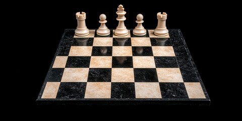 Chess pieces on a black marble chessboard, isolated on a white background.