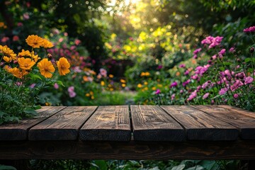 Naklejka premium Wooden Tabletop with Yellow and Purple Flowers in a Sunlit Garden