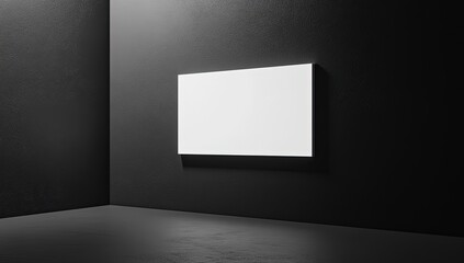A white rectangle on the wall with a dark background, a mockup template for a TV screen or billboard poster, 3D rendering illustration, Generative Ai 
