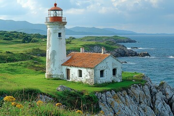 Coastal Lighthouse and Outbuilding on a Cliffside