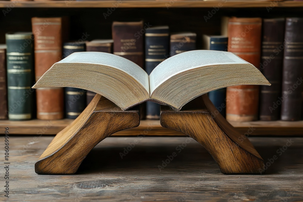 Aufkleber open book on wooden bookends with a blurred bookcase background