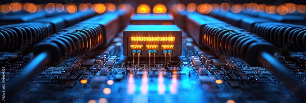 Poster Network Hub with Cables and Glowing Lights on a Circuit Board