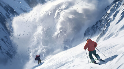 Skiers react as a massive avalanche begins to descend a snow-covered mountain in the backcountry during winter