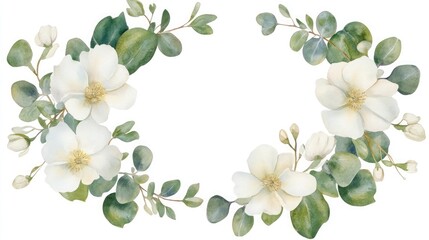 A watercolor illustration of a delicate floral wreath featuring white flowers and green leaves. The wreath has a blank space in the center, perfect for adding text.
