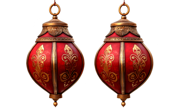 Decorative red lanterns with intricate gold designs, isolate on transparent background, cutout, png