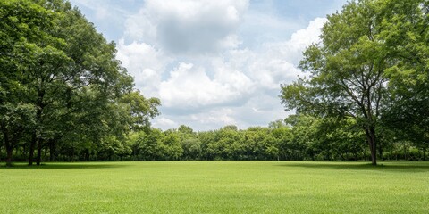 Fototapeta premium Lush green grass field surrounded by trees under a cloudy sky.