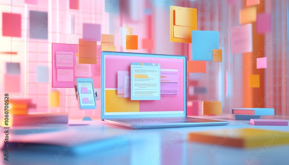Poster Captivating 3D rendering of a digital document management system showcasing mobile and laptop interaction, complemented by a creative and inspiring background