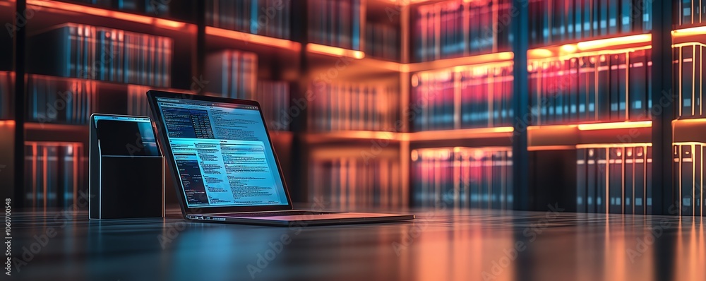 Poster Creative 3D rendering of a digital document management system with mobile and laptop devices collaborating, set against a visually striking and modern background