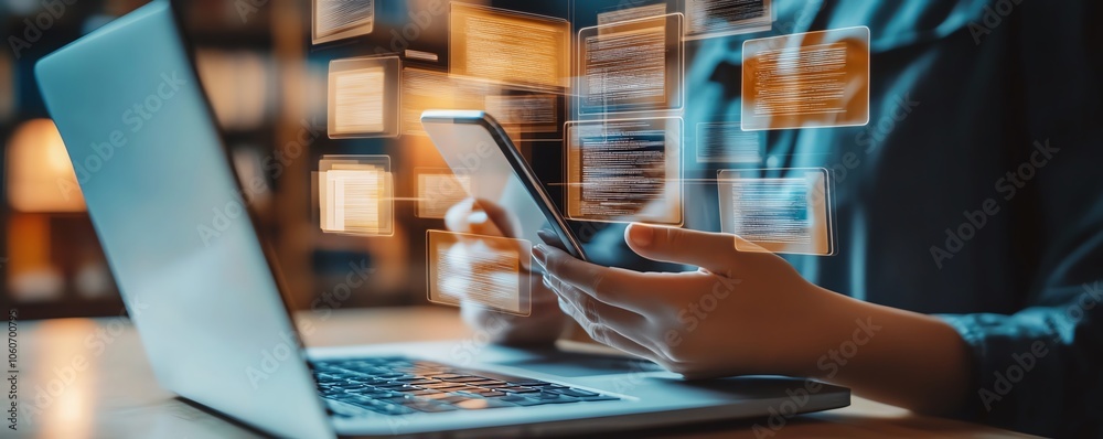 Poster Detailed image illustrating a digital document management system concept, emphasizing mobile and laptop interactions within a unique and engaging background