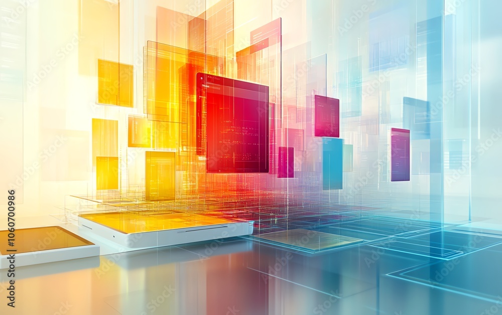 Poster Dynamic 3D visualization of a digital document management system showcasing mobile and laptop interactions, highlighted by an innovative and colorful backdrop