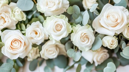 Obraz premium A close-up of delicate white roses and eucalyptus leaves, creating a soft and elegant floral arrangement.