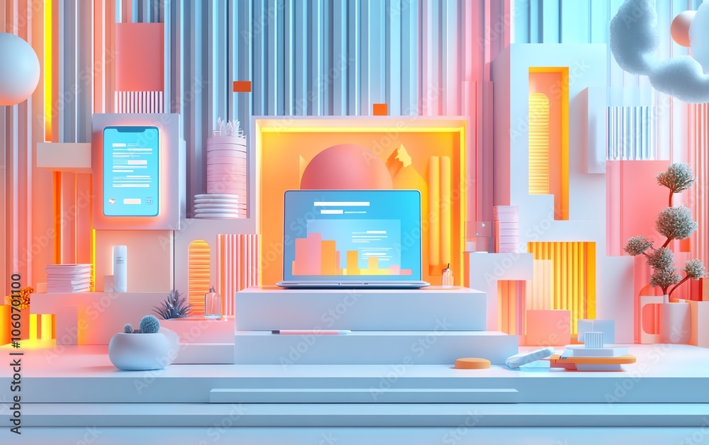 Poster Dynamic 3D visualization of a digital document management system showcasing mobile and laptop interactions, highlighted by an innovative and colorful backdrop