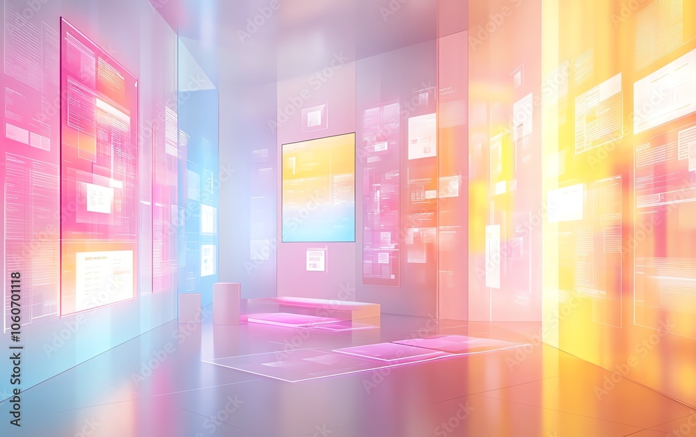 Poster Dynamic 3D visualization of a digital document management system showcasing mobile and laptop interactions, highlighted by an innovative and colorful backdrop