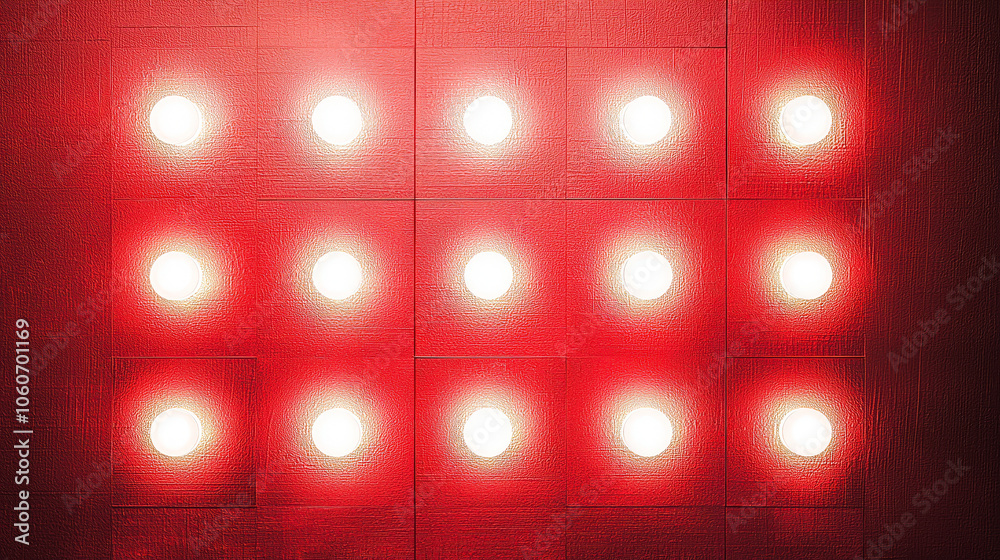 Leinwandbilder A vibrant red wall features a grid arrangement of bright circular infrared lights, creating a striking visual effect in contemporary interior design. The setup adds warmth and ambiance