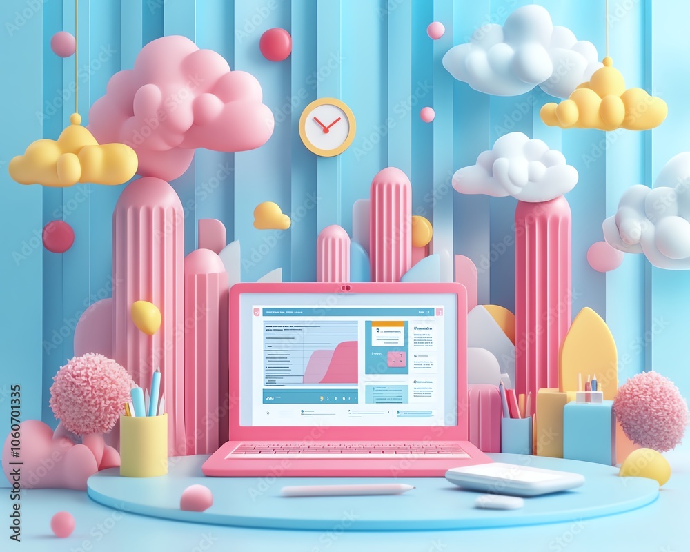 Poster Eyecatching 3D visualization of a digital document management system highlighting mobile and laptop interactions in an artistic and visually appealing background