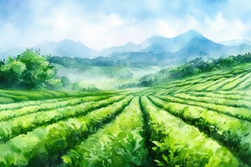 Hand-painted Tea Plantation Landscape in Asia. Green Fields and Fresh Tea Leaves