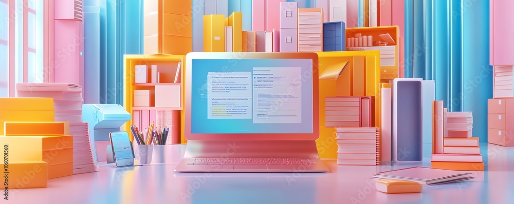 Aufkleber Innovative 3D visualization of a digital document management system with mobile and laptop connections, set in a colorful and imaginative background design