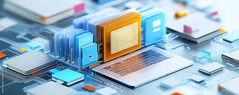 Aufkleber Innovative 3D visualization of a digital document management system with mobile and laptop connections, set in a colorful and imaginative background design
