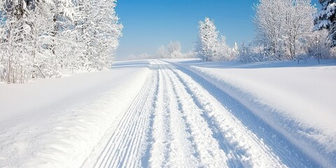 Obraz premium Snowy landscape with tire tracks, clear blue sky, and frosted trees.