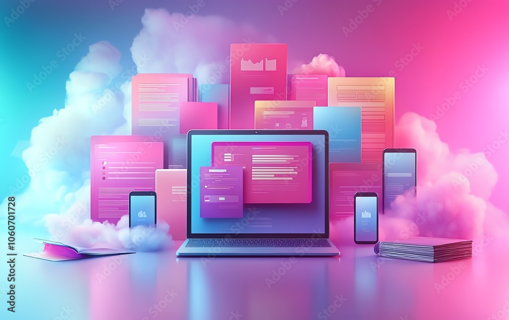 Poster Professional 3D rendering of a digital document management system concept highlighting interactions between mobile and laptop devices in a stylish, artistic background