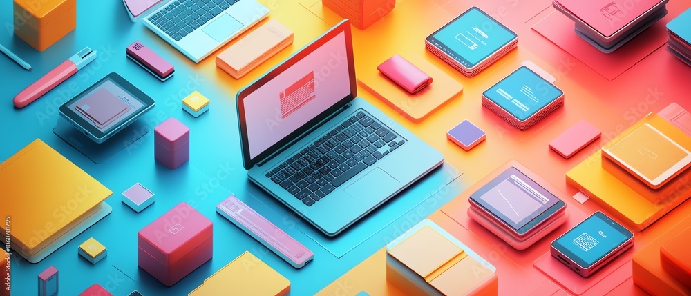 Fototapete Stunning 3D rendering of a digital document management system concept featuring seamless interaction between mobile devices and laptops in a vibrant, creative background