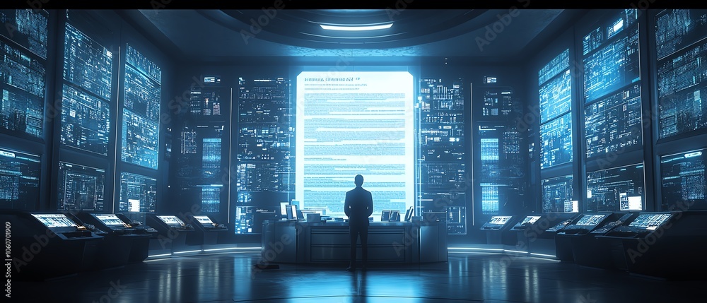 Poster Stunning 3D rendering of a businessman managing digital documents in a virtual environment, showcasing advanced technology and data organization in a sleek setting