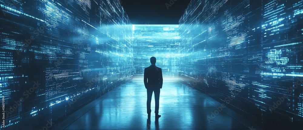 Poster Stunning 3D rendering of a businessman managing digital documents in a virtual environment, showcasing advanced technology and data organization in a sleek setting