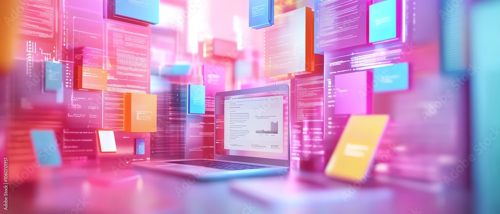 Poster Stunning 3D rendering of a digital document management system concept featuring seamless interaction between mobile devices and laptops in a vibrant, creative background