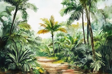 Jurassic Jungle Scene. Watercolor Illustration of Prehistoric Flora Isolated on White Background