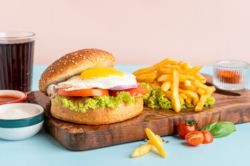 Sunny Side up Burger with fries and Dips